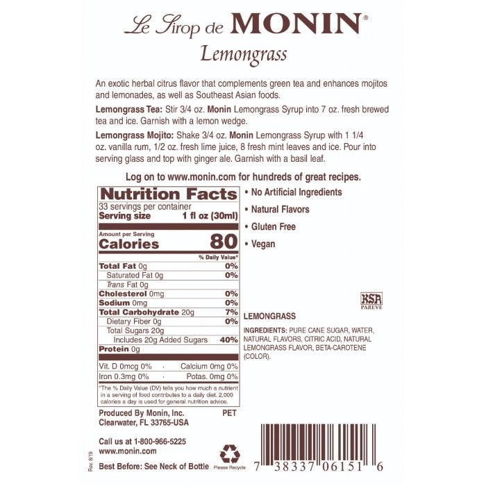 Monin Syrup Lemongrass Citronelle 0.7L